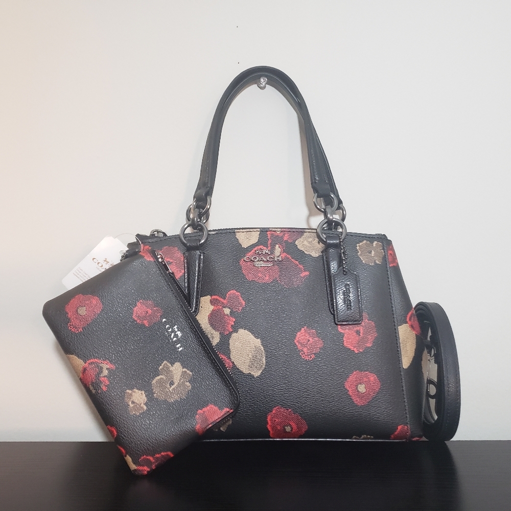 NWT COACH FLORAL PRINT MINI CHRISTIE CARRYALL BAG & MATCHING WRISTLET SET